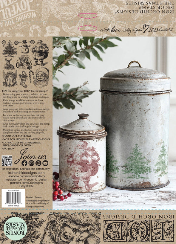 Packaging of the IOD Christmas Wishes Stamp showing included designs and usage tips.