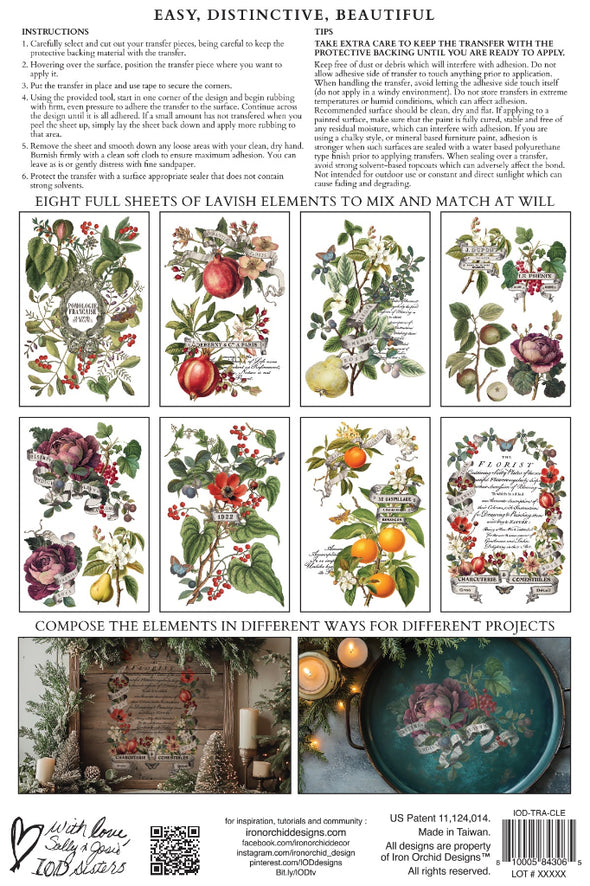 Back packaging of IOD Clementine Transfer showing instructions and all 8 design sheets.