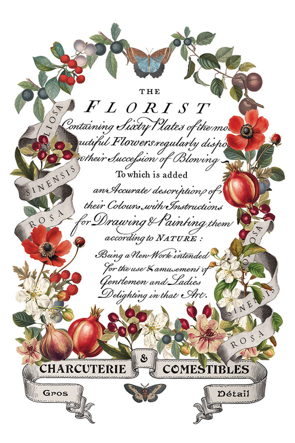 Wreath-style floral and fruit design with vintage French lettering.