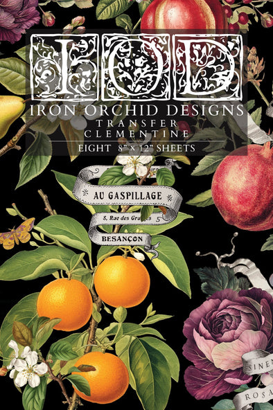 Front packaging of IOD Clementine Transfer featuring vibrant oranges, pomegranates, and florals on a black background.