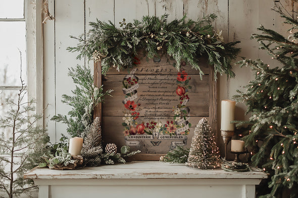 Holiday mantel decorated with greenery and candles featuring a rustic wood sign enhanced with IOD Clementine Transfer floral and fruit design.