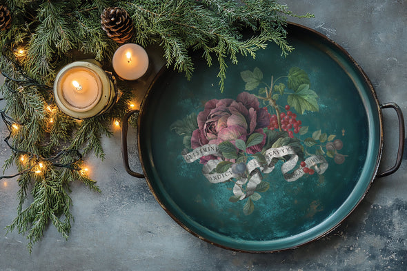 Decorative teal serving tray with vintage floral and fruit artwork from IOD Clementine Transfer, styled with candles and greenery.