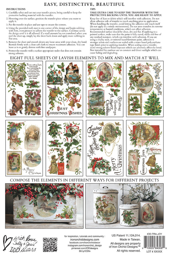 Back packaging of IOD Christmas Joy Transfer showing instructions, sample sheets, and example projects.