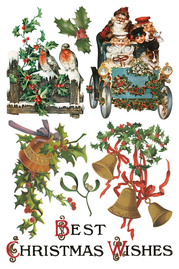 Page 2 of IOD Christmas Joy Transfer with Santa in a car, holly branches, robins, and bells.