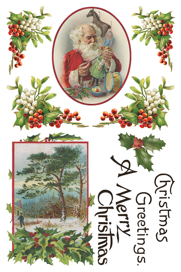 Page 3 of IOD Christmas Joy Transfer with Santa portrait, holly sprigs, and Christmas greetings.