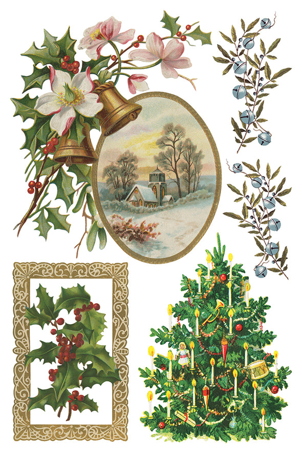 Page 4 of IOD Christmas Joy Transfer featuring Christmas tree, winter church scene, and holly.