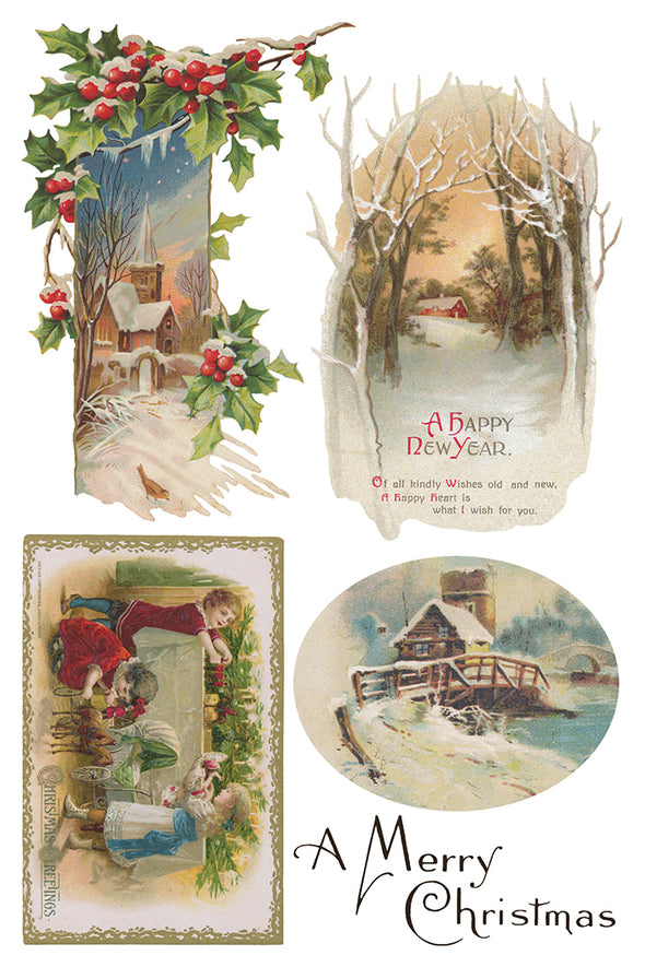 Page 5 of IOD Christmas Joy Transfer with snowy village scenes, children, and Christmas greetings.