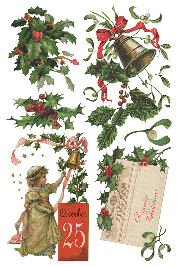 Page 6 of IOD Christmas Joy Transfer with December 25 card, holly, bells, and little girl artwork.