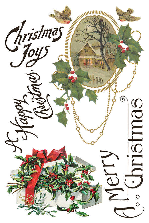 Page 7 of IOD Christmas Joy Transfer with holiday box, birds, holly, and Christmas Joy lettering.