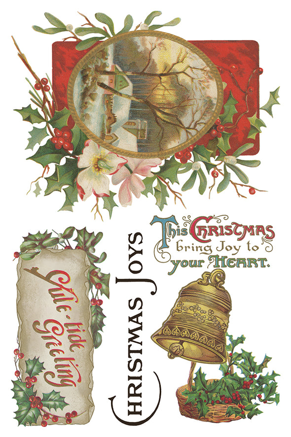 Page 8 of IOD Christmas Joy Transfer with snowy landscape, Christmas greetings, bells, and holly.