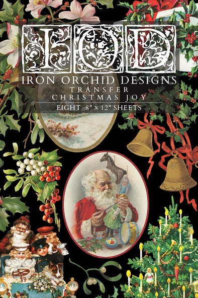 Front packaging of IOD Christmas Joy Transfer featuring vintage Christmas artwork.