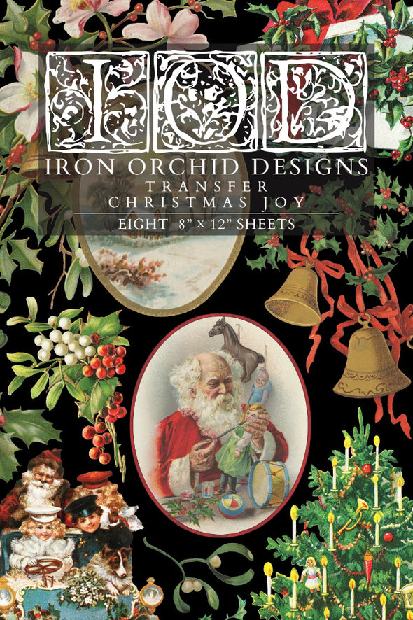 Front packaging of IOD Christmas Joy Transfer featuring vintage Christmas artwork.