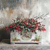 Rustic wooden planter decorated with IOD Christmas Joy Transfer snowy mill and holly design, filled with red winter berries.