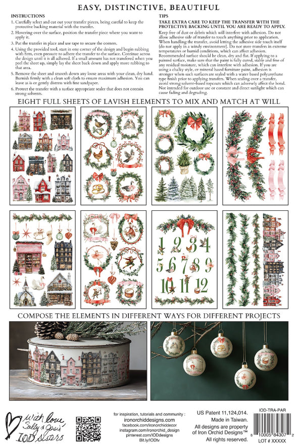 Back packaging of IOD Partridge Lane Transfer showing eight sheets of Christmas village and wreath designs.