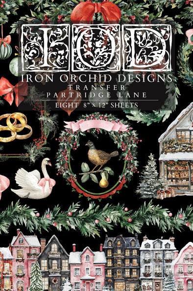 Front packaging of IOD Partridge Lane Transfer with festive illustrations of houses, garlands, and Christmas icons.
