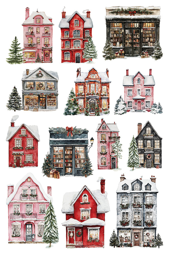 Transfer sheet featuring snow-covered village houses from IOD Partridge Lane Transfer.