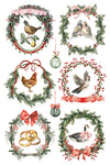 Transfer sheet with festive wreaths, partridge, doves, hens, geese, and golden rings.