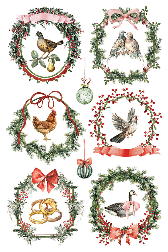 Transfer sheet with festive wreaths, partridge, doves, hens, geese, and golden rings.
