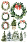 Transfer sheet with greenery wreaths, bows, and snowy evergreen trees.