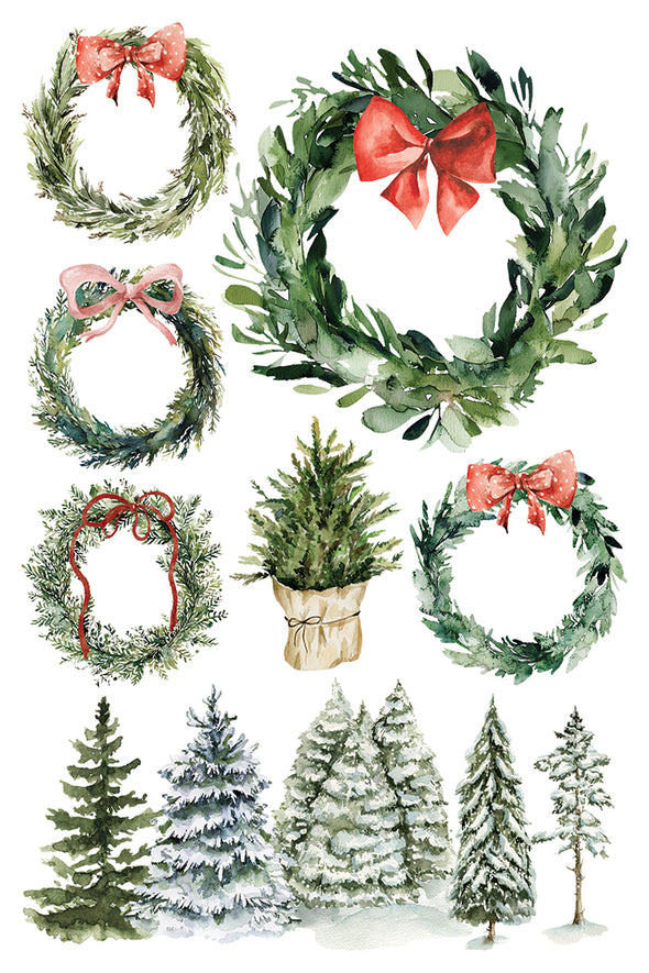 Transfer sheet with greenery wreaths, bows, and snowy evergreen trees.