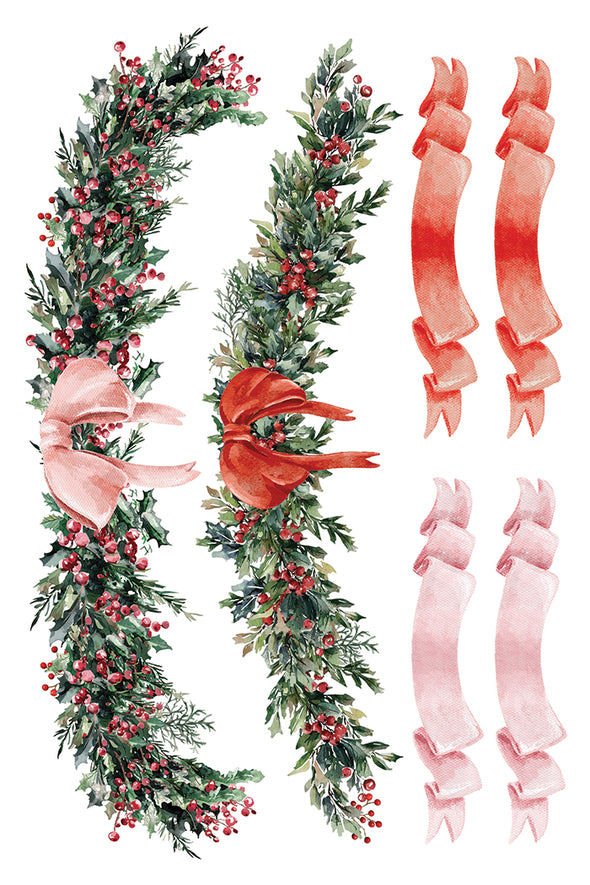 Transfer sheet with holiday garlands, red bows, and festive ribbon accents.
