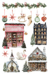 Transfer sheet featuring shops, swans, a chapel, and hanging ornaments.