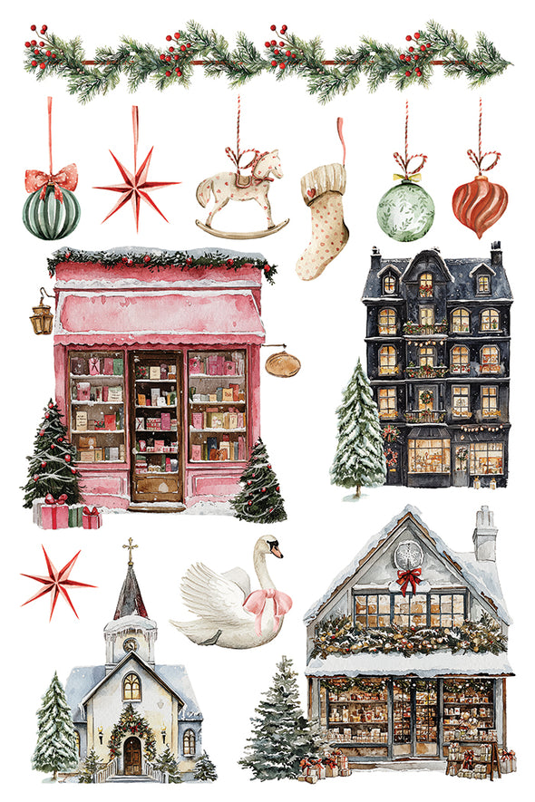 Transfer sheet featuring shops, swans, a chapel, and hanging ornaments.