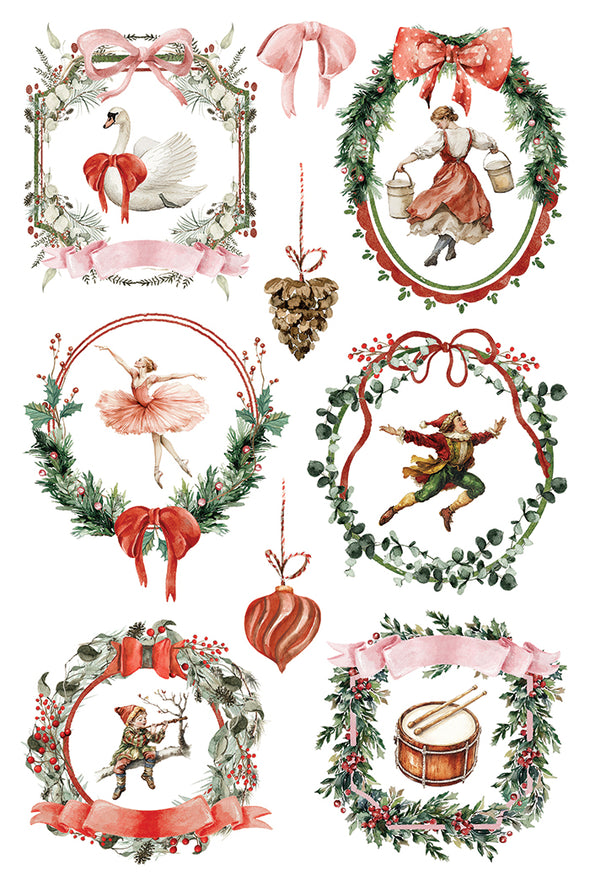 Transfer sheet with ballerinas, drummers, milkmaids, and holiday wreaths.