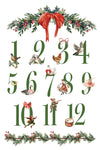 Transfer sheet with numbers 1–12 styled for the Twelve Days of Christmas.