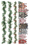 Transfer sheet featuring festive greenery garlands with berries and a row of Christmas village houses from the IOD Partridge Lane Transfer.