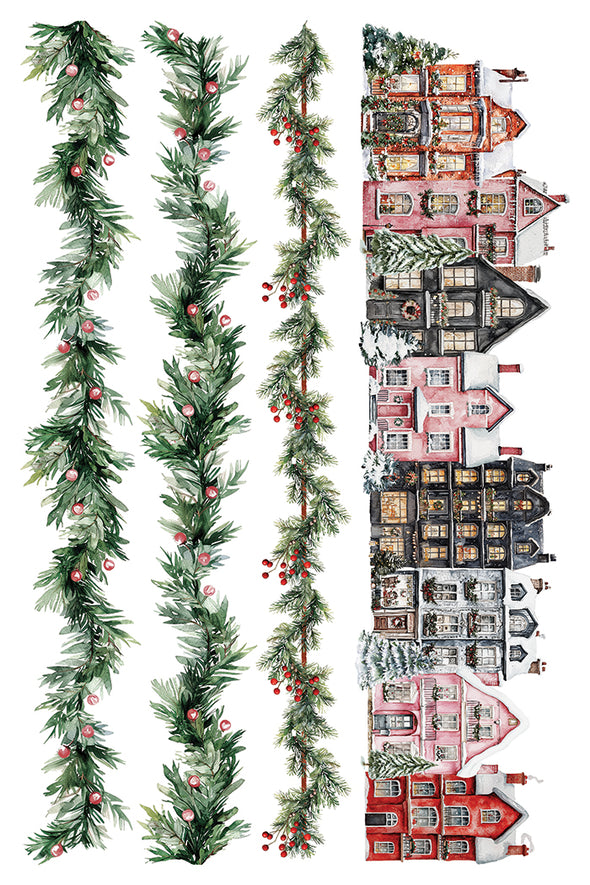 Transfer sheet featuring festive greenery garlands with berries and a row of Christmas village houses from the IOD Partridge Lane Transfer.