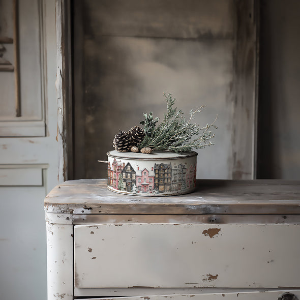 Example project using IOD Partridge Lane Transfer with holiday village houses wrapped around a decorative tin.