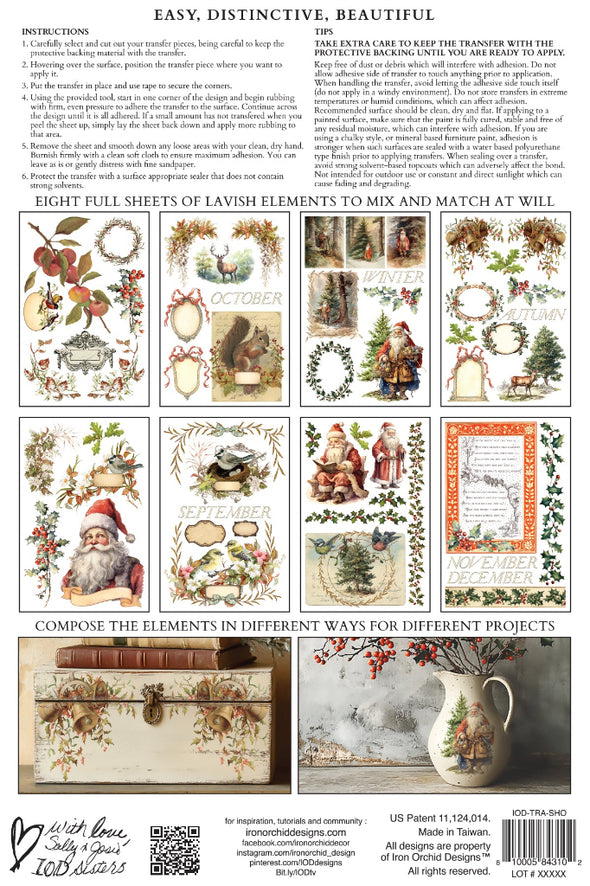 Back packaging of IOD Santa’s Hollow Transfer showing eight sheets of vintage Christmas elements.