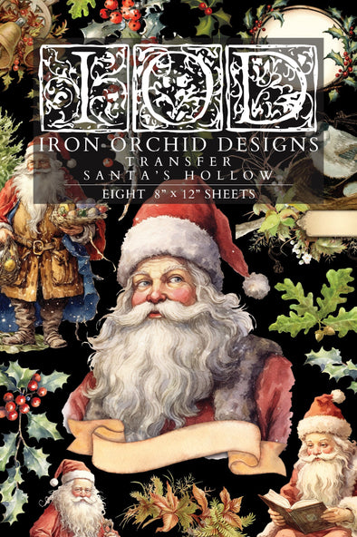 Front packaging of IOD Santa’s Hollow Transfer with classic Santa illustrations and festive greenery.