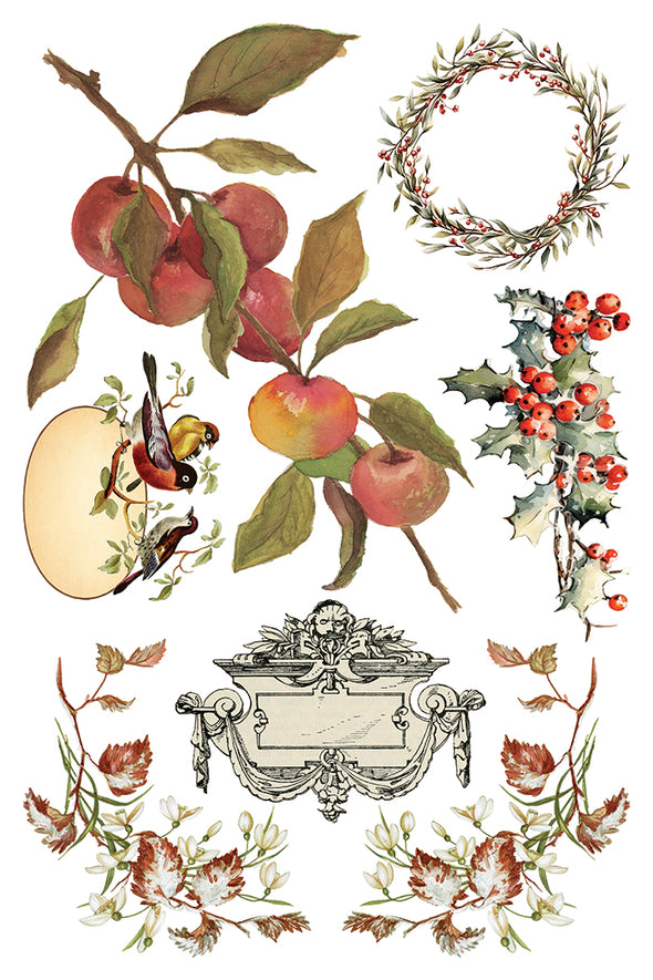 Transfer sheet with apples, holly, wreath, and bird illustrations from IOD Santa’s Hollow.