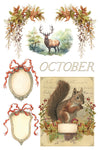 Transfer sheet with squirrel, stag, ribbons, and “October” design elements from IOD Santa’s Hollow.