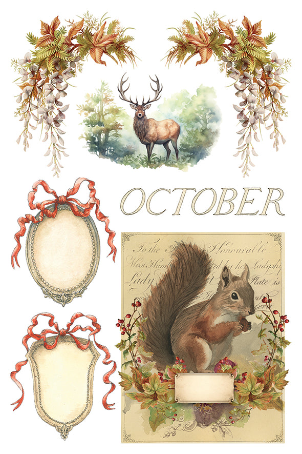 Transfer sheet with squirrel, stag, ribbons, and “October” design elements from IOD Santa’s Hollow.