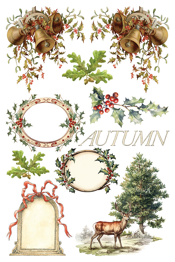 Transfer sheet with bells, holly frames, stag, and “Autumn” elements from IOD Santa’s Hollow.