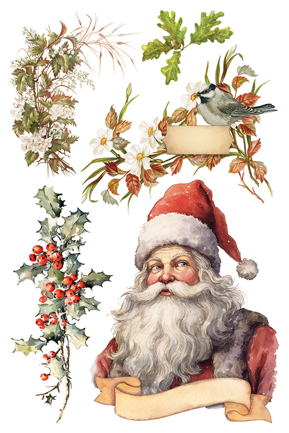 Transfer sheet with Santa portrait, bird, florals, and holly sprigs from IOD Santa’s Hollow.
