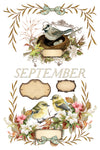 Transfer sheet with birds, nests, and “September” designs from IOD Santa’s Hollow.