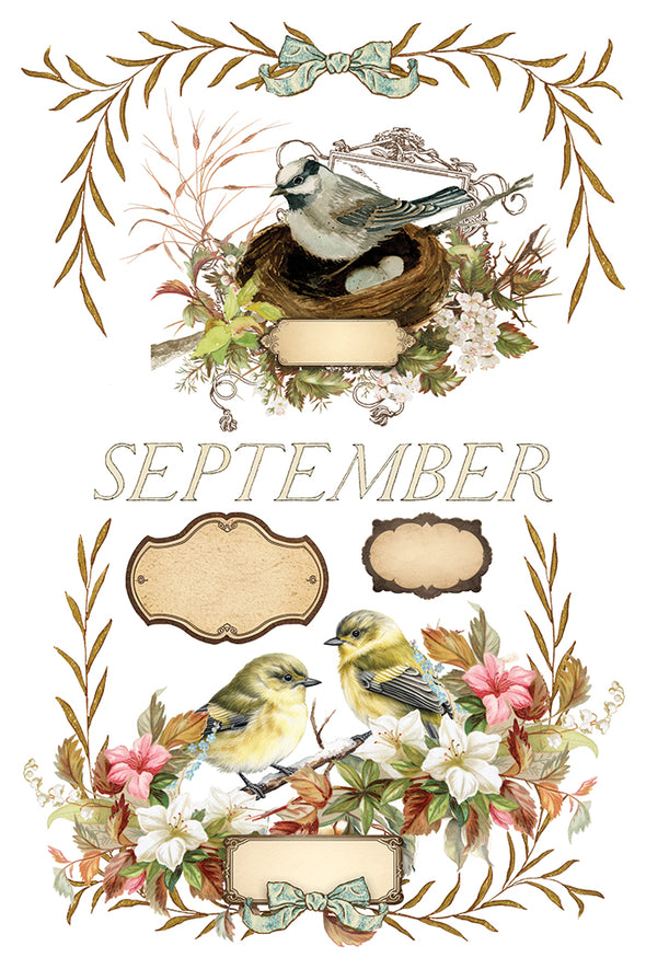 Transfer sheet with birds, nests, and “September” designs from IOD Santa’s Hollow.