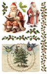Transfer sheet with vintage Santas, holly garlands, and birds with a Christmas tree postcard design from IOD Santa’s Hollow.