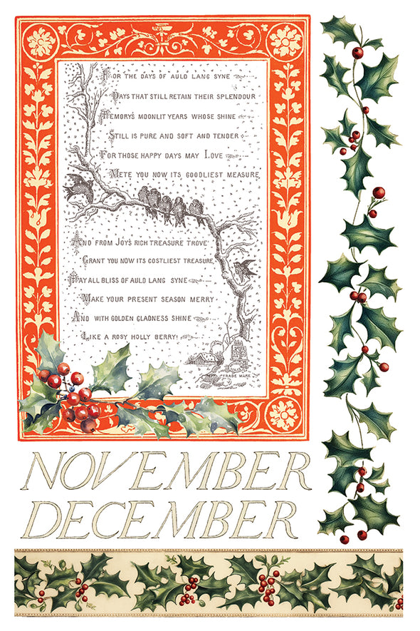 Transfer sheet with red bordered holiday poem artwork, holly borders, and “November” and “December” lettering from IOD Santa’s Hollow.