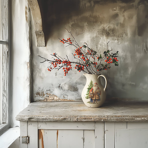 Rustic jug decorated with IOD Santa’s Hollow Transfer featuring Santa and a Christmas tree.