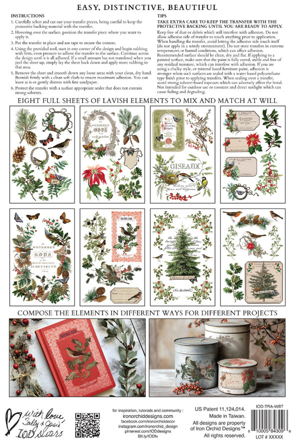 Back packaging of IOD Winter Botanist Transfer showing instructions and sample project ideas.
