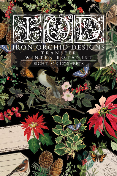 Front cover packaging of IOD Winter Botanist Transfer with vintage bird and floral artwork.