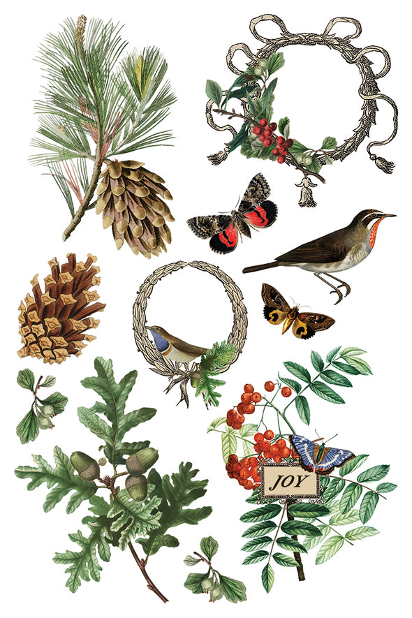 Transfer sheet featuring pinecones, oak leaves, birds, butterflies, and small wreaths.