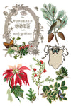 Transfer sheet with poinsettias, holly sprigs, birds, and vintage frame artwork.
