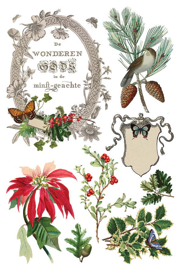 Transfer sheet with poinsettias, holly sprigs, birds, and vintage frame artwork.
