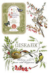 Transfer sheet with green horticultural label, perched birds, and “Oiseaux” design.
